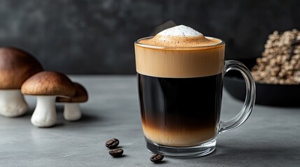 Rich coffee layered with frothy cream, complemented by earthy mu