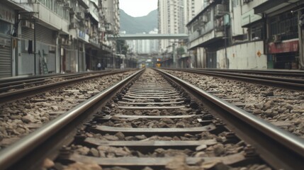 Fototapeta premium City railway tracks vanishing point perspective.