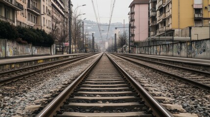 Fototapeta premium City train tracks vanishing point perspective.