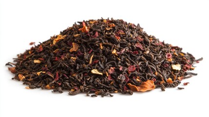 A mound of loose black tea blended with dried flowers and herbs.