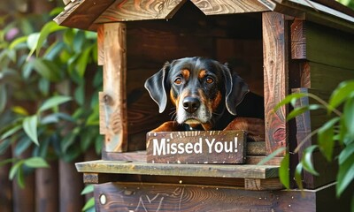 Black and brown dog in wooden doghouse with "Missed You!" sign
