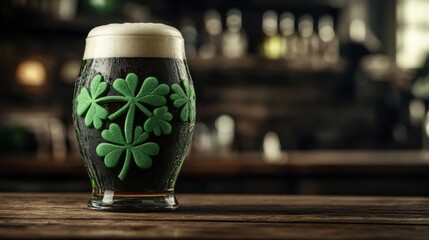 Barrel of beer with shamrock carvings in a festive pub