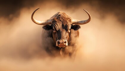 Bull charging through a cloud of dust