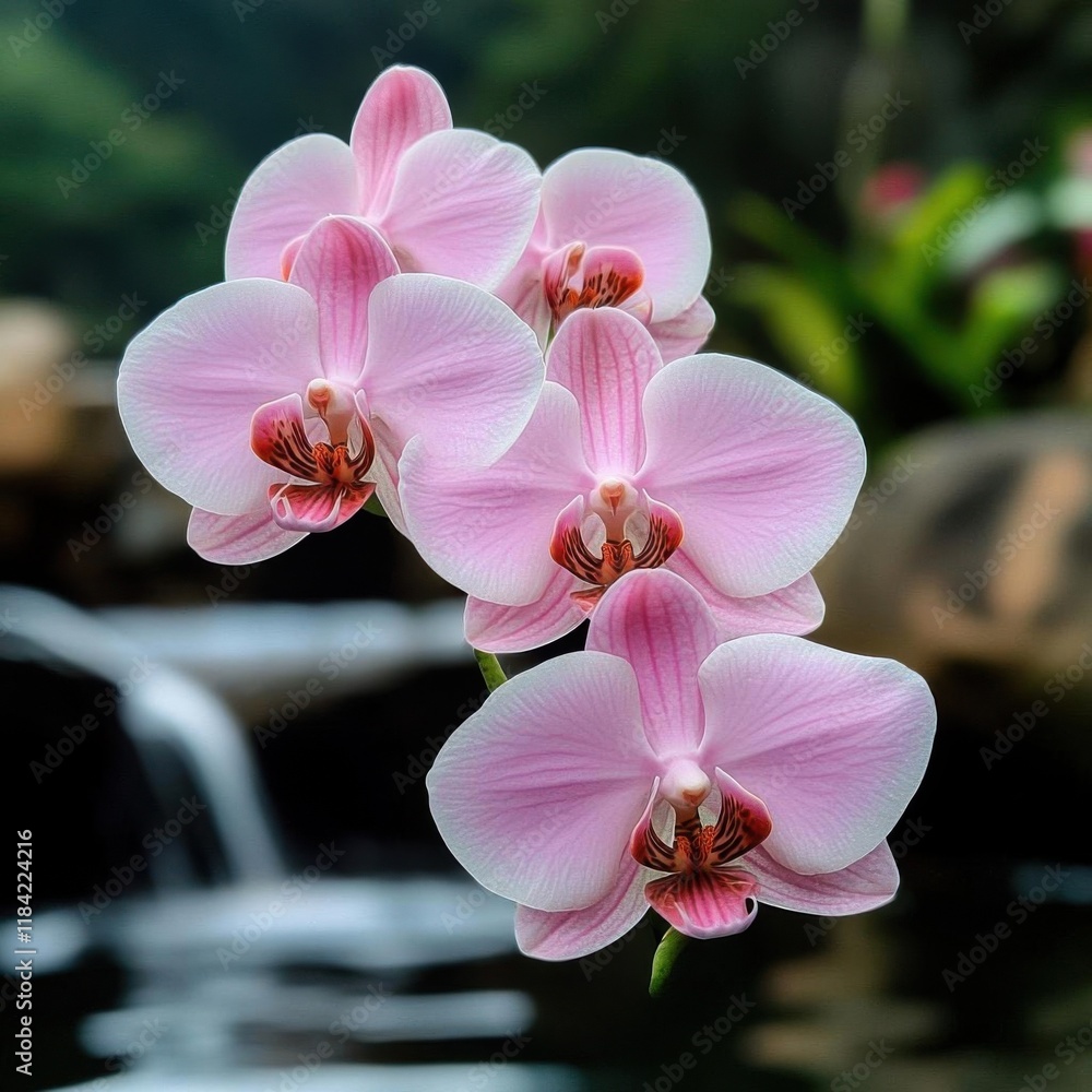 Poster delicate pink orchids cascading in a tranquil botanical setting