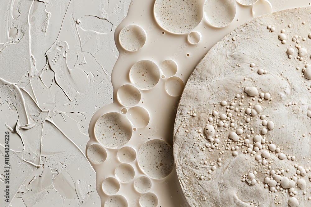 Poster closeup of an abstract art piece featuring beige and cream tones. fluid paint blends with textured c