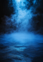 A dark background sets the stage for an atmospheric stock photo, featuring an empty floor cloaked in glowing sapphire blue and soft periwinkle fog, delivering a serene, tranquil atmosphere.
