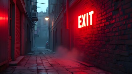 Grungy Alleyway Dusk, Red Neon Exit Sign Glowing in Dark Brick Wall Mist