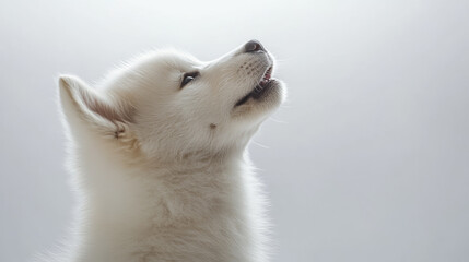 Obraz premium fluffy white puppy with tilted head gazes upward, exuding curiosity and innocence. Its soft fur and expressive features create adorable and heartwarming scene