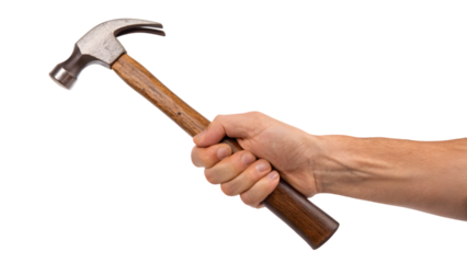 a hand holding a hammer isolated on white