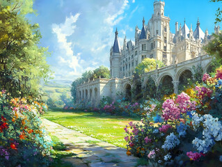 A vibrant garden scene featuring a grand castle with lush flowers and a clear blue sky.