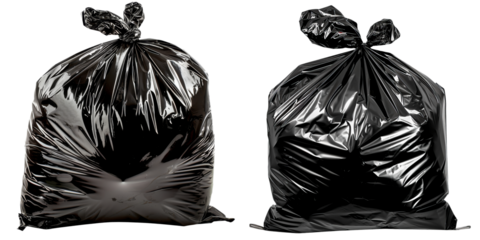 Two black garbage bags filled with waste, showcasing their crumpled texture and tied tops.