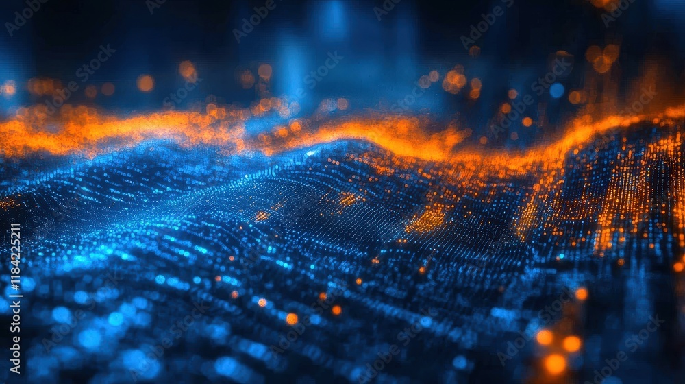 Poster a bright and luminous cybernetic dreamscape with futuristic colors and patterns in a realistic photo