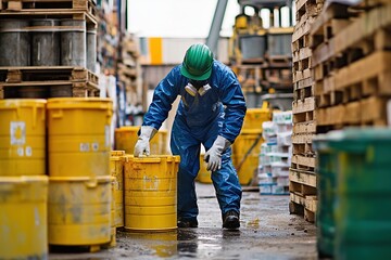 Worker Carefully Handling Hazardous Waste Materials in Industrial Facility, Following Safety Protocols
