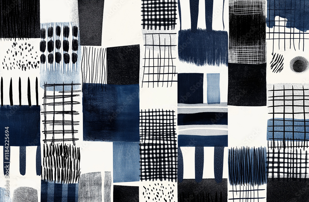 Poster minimalist watercolor block print line art – white and indigo geometric patterned grid design for mo