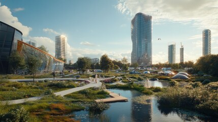 Naklejka premium A sustainable future city with the Swedbank building, surrounded by eco-friendly public spaces, renewable energy farms, and automated waste management. Captured in sharp 4K resolution