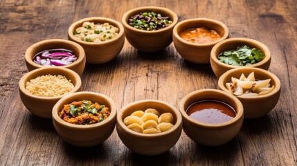 Circle of Spiced Fillings in Wooden Bowls
