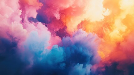 Fototapeta premium A vibrant cloud of multicolor powder bursting dynamically, featuring radiant blues, pinks, and oranges, captured mid-motion against a white background in sharp 4K resolution.