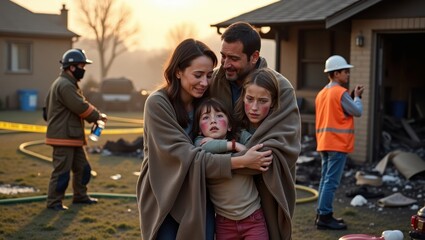 Fototapeta premium Family Comfort After a House Fire in Suburban Neighborhood