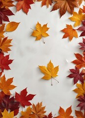 A flat lay of colorful fall leaves on a white plaster surface with natural textures , autumn leaves, outdoor photography, fall colors