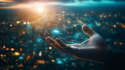 Hand holding global network connection on screens, tablets, smartphones, laptops, and smartwatches, exemplifying time management through technology and futuristic connectivity.