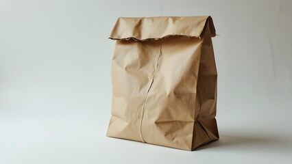 Weathered Brown Paper Bag, Studio Shot of a Crumpled, Slightly Torn Paper Sack Against a Pristine White Background