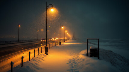 Obraz premium Heavy car traffic on a snowy evening.