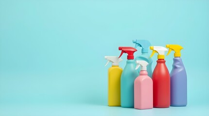 A collection of pastel-colored spray bottles of various shapes and sizes arranged in a playful, artistic composition against a bright blue background