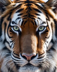 A close up of a tiger's face with green eyes.