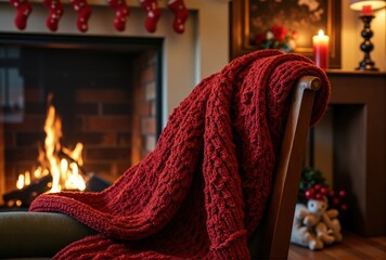 Red Knit Throw on Wooden Chair by Fireplace with Christmas Stockings