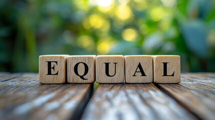 equal word on wooden cubes, letters on wooden cubes