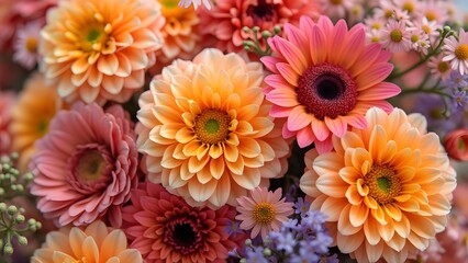 Vibrant Peach-Colored Floral Macro Photography, Close-Up of Colorful Dahlias, Gerbera Daisies, and Assorted Flowers