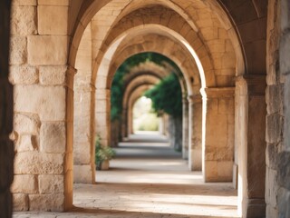 Naklejka premium Historic Stone Archway Corridor with Natural Light