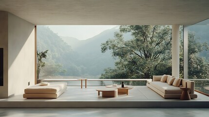 Obraz premium 3D-rendered minimalistic living room features a concrete floor, white walls, and beige furniture, with large windows offering a view of outdoor scenery