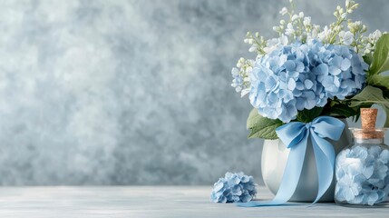 Fototapeta premium Serene Blue Hydrangeas in Vase, Delicate Blooms, Peaceful Serenity.