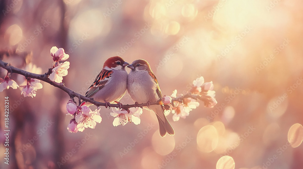 Poster two sparrows on blooming branch with soft golden light and blossoms