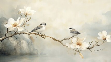 Obraz premium Artistic chinoiserie in soft watercolor hues of grey and beige, with two delicate birds perched on a magnolia branch in the foreground. The image is captured with photorealistic 4K quality
