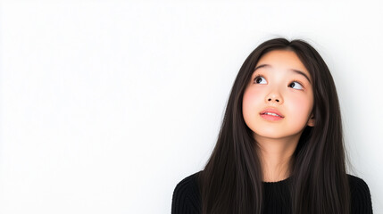 Asian teenage girl around 16 years old with long black hair, looking surprised on white removable background.