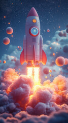 3D illustration of a cartoon-style rocket launching into the air