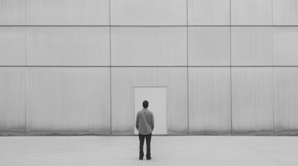 Fototapeta premium Man facing a single door on a large, grey wall.