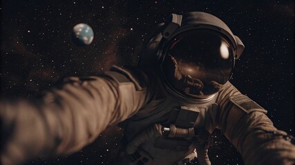 An astronaut floating in space with Earth in the background, selfie shot during space travel journey in the future