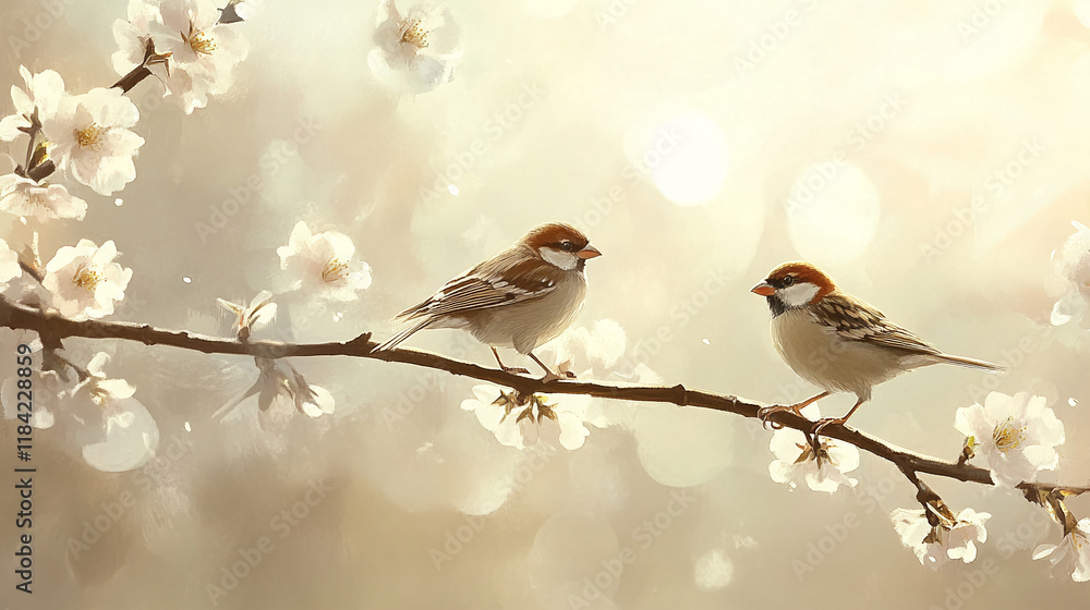 Poster two sparrows on a flowering branch in soft sunlight