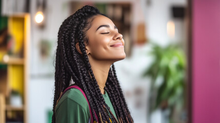 Fototapeta premium A young woman with long box braids smiling and looking up to the ceiling with eyes closed in happiness