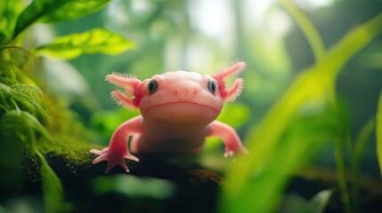 Close up of a Mexican axolotl submerged underwater in the middle of the jungle, with vegetation visible inside the water.
