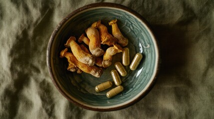 Mushrooms and Capsules in Ceramic Bowl
