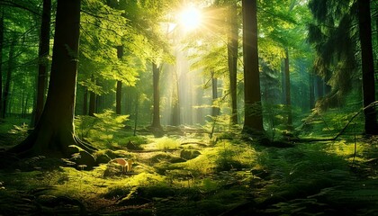 Lush forest scene with wildlife and warm sunlight filtering through the trees, showcasing nature's harmony.