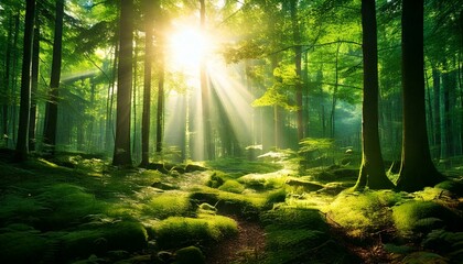 Obraz premium Lush forest scene with wildlife and warm sunlight filtering through the trees, showcasing nature's harmony.