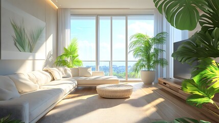 A bright living room with sofas and a Monstera houseplant creates a welcoming atmosphere, embodying concept of real estate with a focus on natural elements