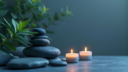 Obraz premium Serene Blue Zen Garden, Tranquil Minimalist Stones, Plants, and Candles