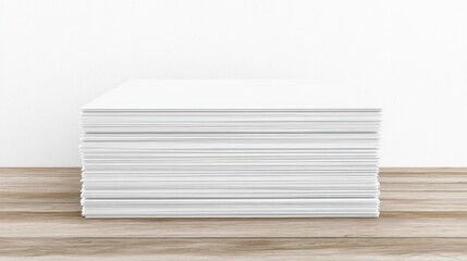 A stack of blank white paper on a wooden surface, ready for use.