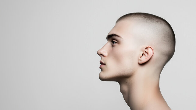 White man in his late 20s with buzz cut, looking intrigued in profile